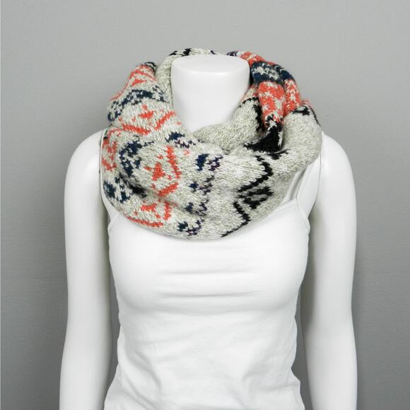American Eagle Heavyweight Knit Infinity Scarf Beige Orange Southwestern Geo - Picture 2 of 8